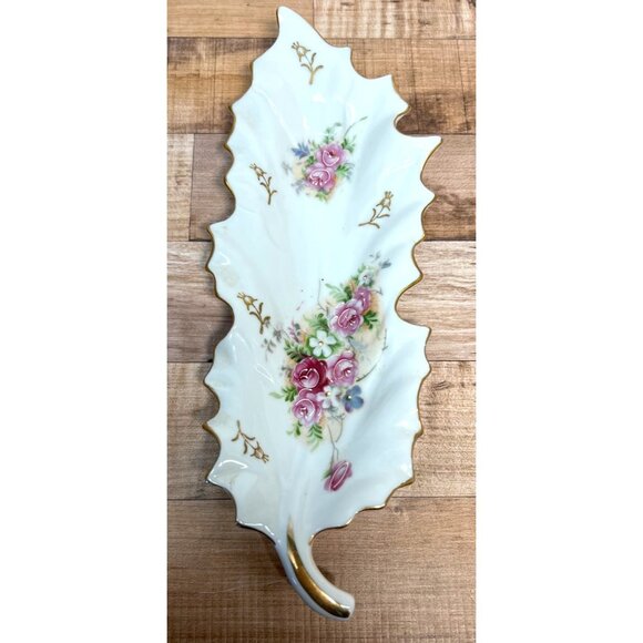 Vintage Porcelain Leaf-Shaped Trinket Dish With Hand-Painted Floral Design & Gol - Picture 1 of 4